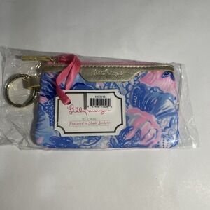 Lilly Pulitzer ID Case Blue and Pink Zip Close, Card Holder Key Chain